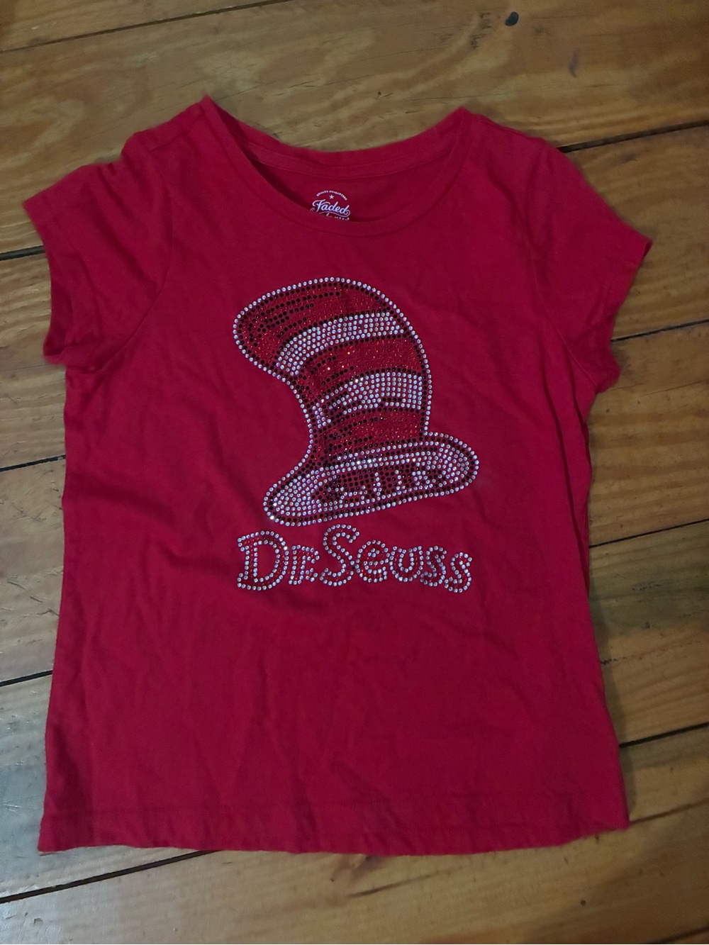 Faded Glory Red Short Sleeve Tee with Rhinestone Hat Graphic